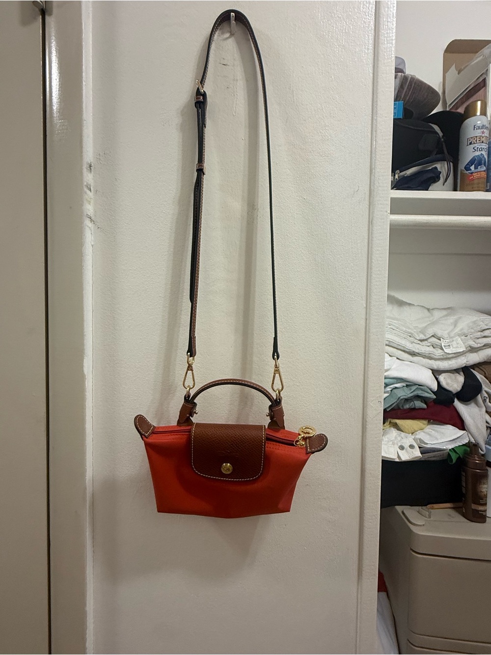 Longchamp Le Pilage cosmetic case Red Orange Crossbody Tote with Brown Trim - Picture 2 of 5